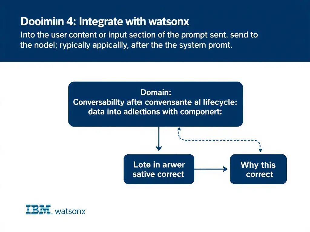 Educational infographic for IBM watsonx Assistant: visualize the concept of 'Into the user content or input section of the prompt sent to the model; typically after the system prompt' within the 'Domain 4: Integrate with watsonx' domain. Use a clean diagram or layered flow showing how this capability fits into a conversational AI lifecycle — labeled boxes for key components, arrows showing data or conversation flow, IBM blue/navy color palette with white text callouts highlighting why this answer is correct.