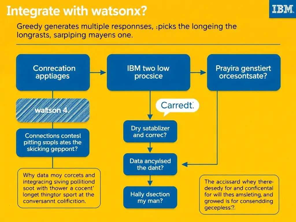 Educational infographic for IBM watsonx Assistant: visualize the concept of 'Greedy generates multiple responses and picks the longest; sampling generates one' within the 'Domain 4: Integrate with watsonx' domain. Use a clean diagram or layered flow showing how this capability fits into a conversational AI lifecycle — labeled boxes for key components, arrows showing data or conversation flow, IBM blue/navy color palette with white text callouts highlighting why this answer is correct.