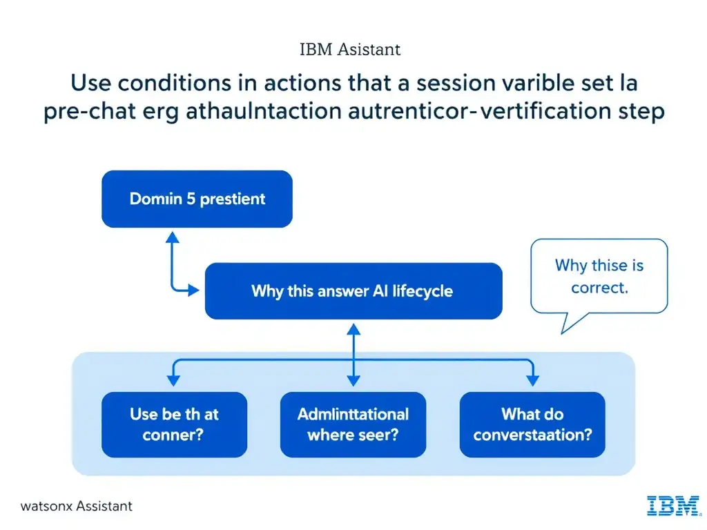 Educational infographic for IBM watsonx Assistant: visualize the concept of 'Use conditions in actions that check a session variable set by a pre-chat authentication or verification step' within the 'Domain 5: Administration' domain. Use a clean diagram or layered flow showing how this capability fits into a conversational AI lifecycle — labeled boxes for key components, arrows showing data or conversation flow, IBM blue/navy color palette with white text callouts highlighting why this answer is correct.