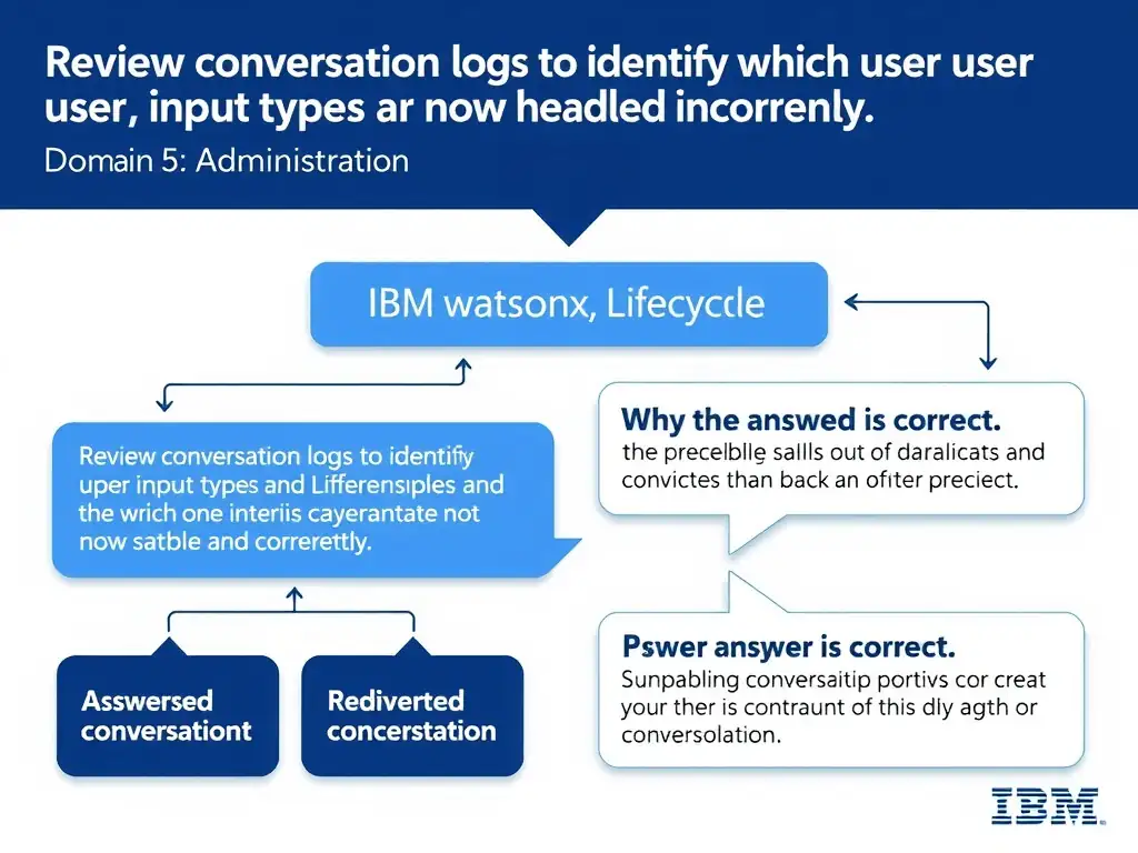 Educational infographic for IBM watsonx Assistant: visualize the concept of 'Review conversation logs to identify which user input types are now handled incorrectly' within the 'Domain 5: Administration' domain. Use a clean diagram or layered flow showing how this capability fits into a conversational AI lifecycle — labeled boxes for key components, arrows showing data or conversation flow, IBM blue/navy color palette with white text callouts highlighting why this answer is correct.