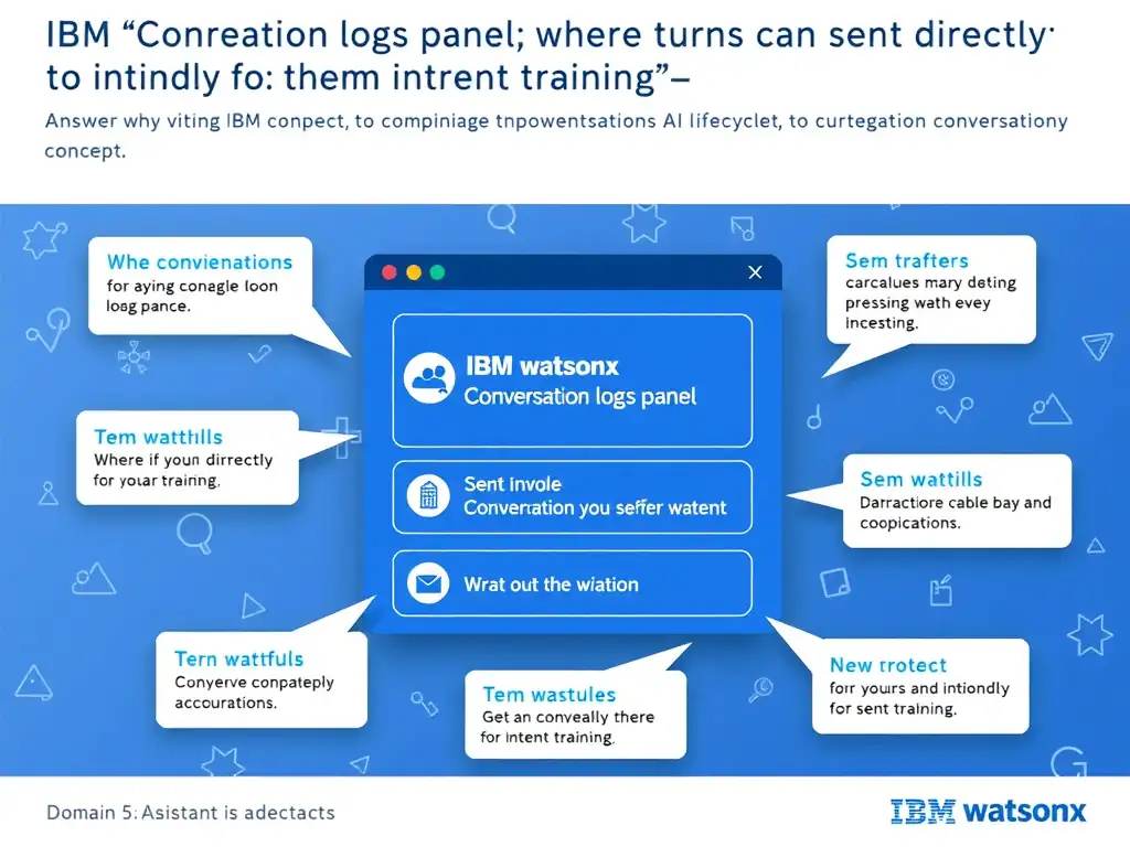 Educational infographic for IBM watsonx Assistant: visualize the concept of 'The conversation logs panel; where turns can be sent directly to intent training' within the 'Domain 5: Administration' domain. Use a clean diagram or layered flow showing how this capability fits into a conversational AI lifecycle — labeled boxes for key components, arrows showing data or conversation flow, IBM blue/navy color palette with white text callouts highlighting why this answer is correct.