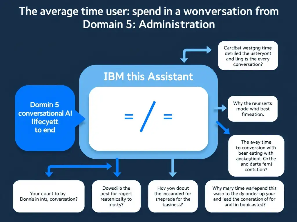 Educational infographic for IBM watsonx Assistant: visualize the concept of 'The average time users spend in a conversation from start to end' within the 'Domain 5: Administration' domain. Use a clean diagram or layered flow showing how this capability fits into a conversational AI lifecycle — labeled boxes for key components, arrows showing data or conversation flow, IBM blue/navy color palette with white text callouts highlighting why this answer is correct.