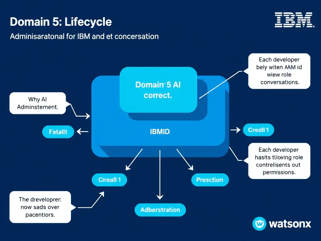 Educational infographic for IBM watsonx Assistant: visualize the concept of 'Each developer has their own IBMid with an IAM role controlling view and edit permissions' within the 'Domain 5: Administration' domain. Use a clean diagram or layered flow showing how this capability fits into a conversational AI lifecycle — labeled boxes for key components, arrows showing data or conversation flow, IBM blue/navy color palette with white text callouts highlighting why this answer is correct.