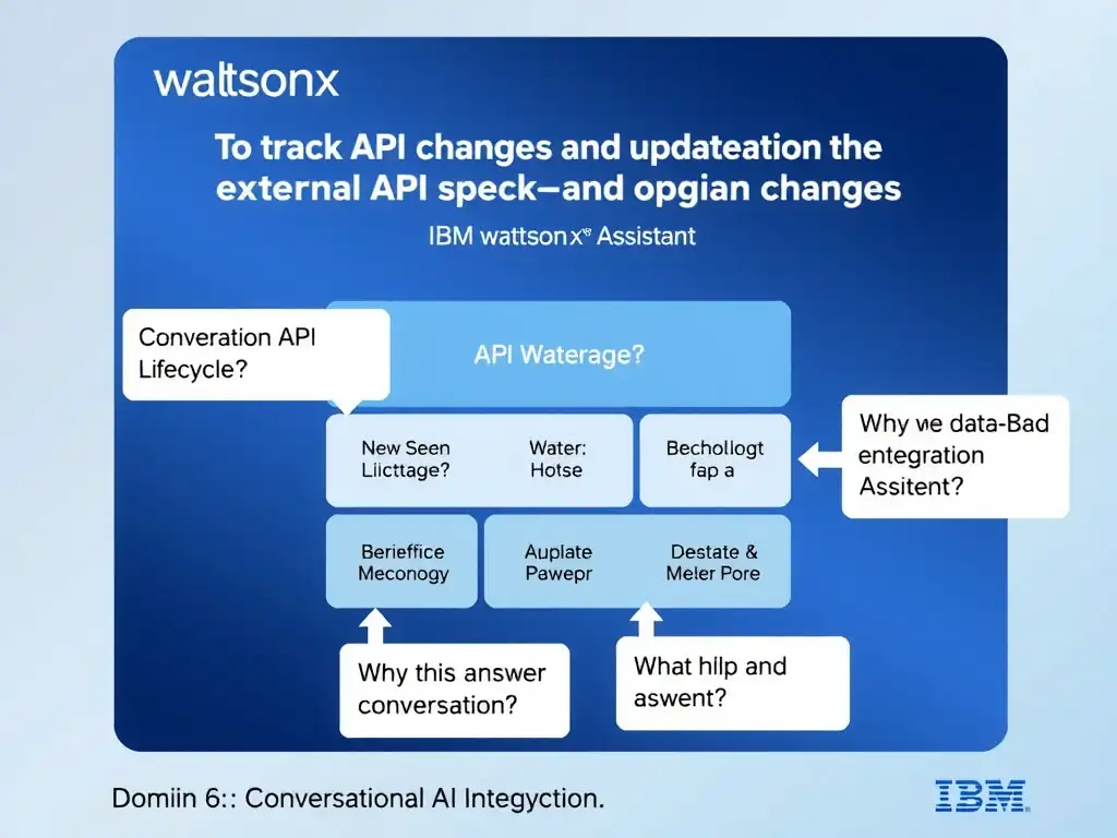Educational infographic for IBM watsonx Assistant: visualize the concept of 'To track API changes and update the extension when the external API specification changes' within the 'Domain 6: Build Back-End Integrations' domain. Use a clean diagram or layered flow showing how this capability fits into a conversational AI lifecycle — labeled boxes for key components, arrows showing data or conversation flow, IBM blue/navy color palette with white text callouts highlighting why this answer is correct.