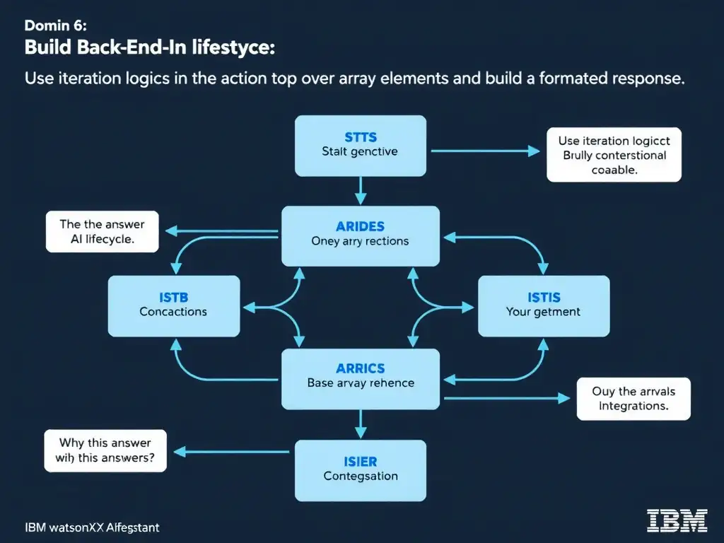 Educational infographic for IBM watsonx Assistant: visualize the concept of 'Use iteration logic in the action to loop over array elements and build a formatted response' within the 'Domain 6: Build Back-End Integrations' domain. Use a clean diagram or layered flow showing how this capability fits into a conversational AI lifecycle — labeled boxes for key components, arrows showing data or conversation flow, IBM blue/navy color palette with white text callouts highlighting why this answer is correct.