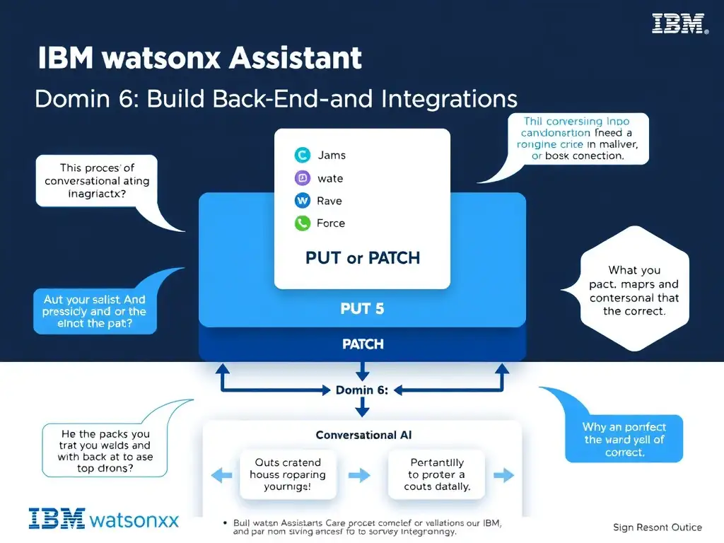Educational infographic for IBM watsonx Assistant: visualize the concept of 'PUT or PATCH' within the 'Domain 6: Build Back-End Integrations' domain. Use a clean diagram or layered flow showing how this capability fits into a conversational AI lifecycle — labeled boxes for key components, arrows showing data or conversation flow, IBM blue/navy color palette with white text callouts highlighting why this answer is correct.