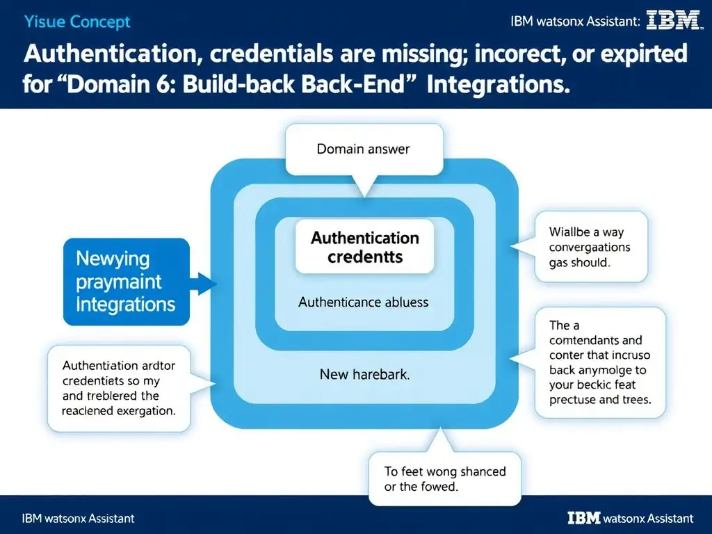 Educational infographic for IBM watsonx Assistant: visualize the concept of 'Authentication credentials are missing; incorrect; or expired' within the 'Domain 6: Build Back-End Integrations' domain. Use a clean diagram or layered flow showing how this capability fits into a conversational AI lifecycle — labeled boxes for key components, arrows showing data or conversation flow, IBM blue/navy color palette with white text callouts highlighting why this answer is correct.