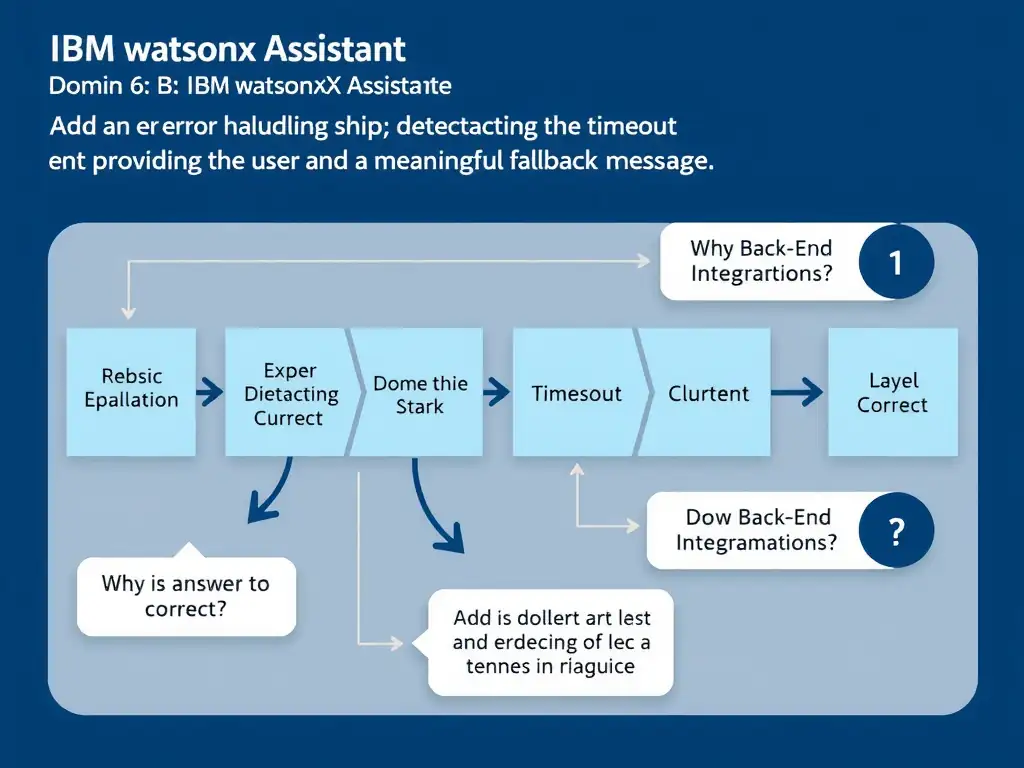 Educational infographic for IBM watsonx Assistant: visualize the concept of 'Add an error handling step detecting the timeout and providing the user with a meaningful fallback message' within the 'Domain 6: Build Back-End Integrations' domain. Use a clean diagram or layered flow showing how this capability fits into a conversational AI lifecycle — labeled boxes for key components, arrows showing data or conversation flow, IBM blue/navy color palette with white text callouts highlighting why this answer is correct.
