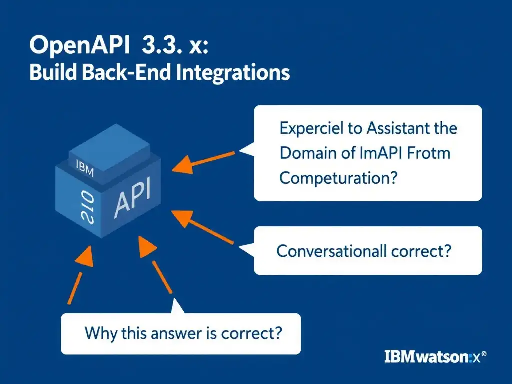 Educational infographic for IBM watsonx Assistant: visualize the concept of 'OpenAPI 3.0.x' within the 'Domain 6: Build Back-End Integrations' domain. Use a clean diagram or layered flow showing how this capability fits into a conversational AI lifecycle — labeled boxes for key components, arrows showing data or conversation flow, IBM blue/navy color palette with white text callouts highlighting why this answer is correct.