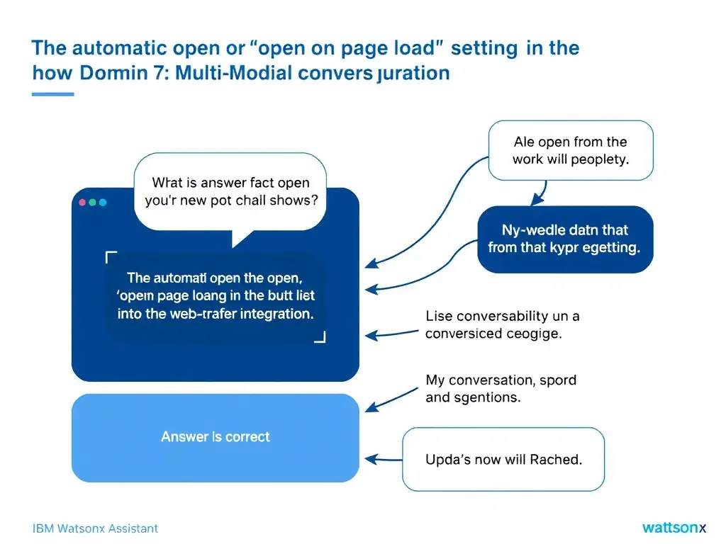 Educational infographic for IBM watsonx Assistant: visualize the concept of 'The automatic open or 'open on page load' setting in the web chat integration configuration' within the 'Domain 7: Multi-Modal Integration' domain. Use a clean diagram or layered flow showing how this capability fits into a conversational AI lifecycle — labeled boxes for key components, arrows showing data or conversation flow, IBM blue/navy color palette with white text callouts highlighting why this answer is correct.