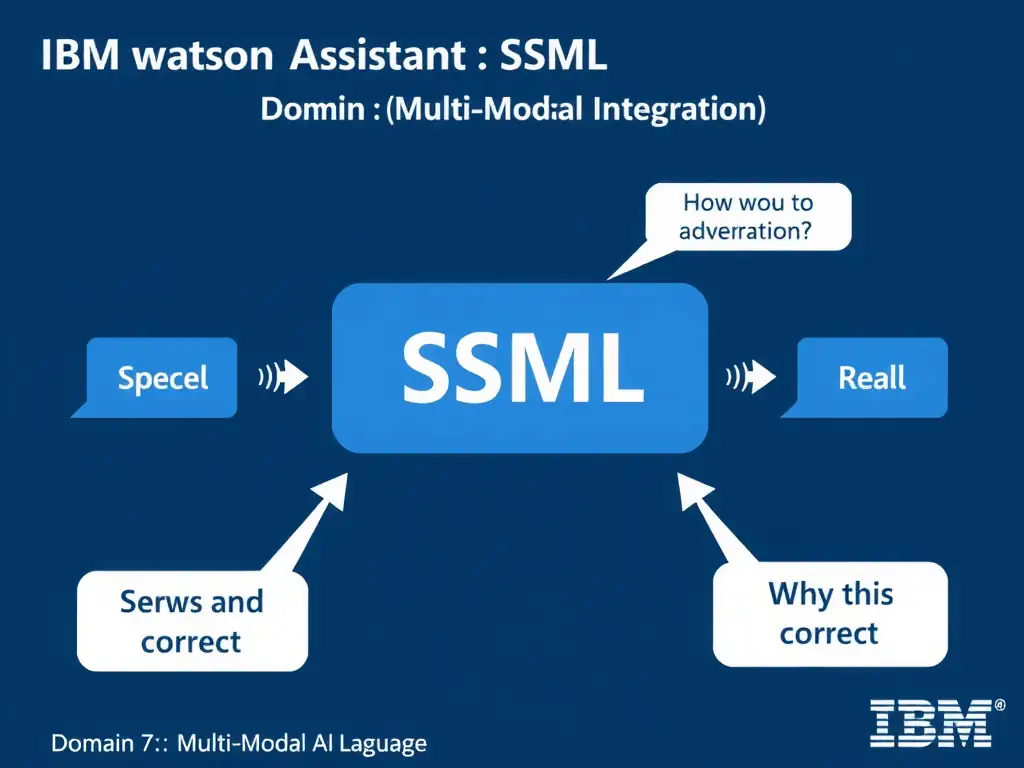 Educational infographic for IBM watsonx Assistant: visualize the concept of 'SSML (Speech Synthesis Markup Language)' within the 'Domain 7: Multi-Modal Integration' domain. Use a clean diagram or layered flow showing how this capability fits into a conversational AI lifecycle — labeled boxes for key components, arrows showing data or conversation flow, IBM blue/navy color palette with white text callouts highlighting why this answer is correct.