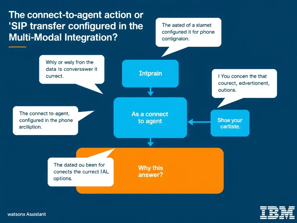 Educational infographic for IBM watsonx Assistant: visualize the concept of 'The connect-to-agent action or a SIP transfer configured in the phone integration' within the 'Domain 7: Multi-Modal Integration' domain. Use a clean diagram or layered flow showing how this capability fits into a conversational AI lifecycle — labeled boxes for key components, arrows showing data or conversation flow, IBM blue/navy color palette with white text callouts highlighting why this answer is correct.