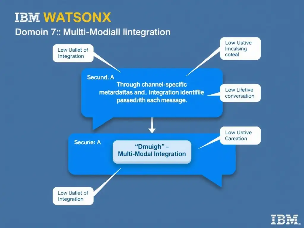 Educational infographic for IBM watsonx Assistant: visualize the concept of 'Through channel-specific metadata and the integration identifier passed with each message' within the 'Domain 7: Multi-Modal Integration' domain. Use a clean diagram or layered flow showing how this capability fits into a conversational AI lifecycle — labeled boxes for key components, arrows showing data or conversation flow, IBM blue/navy color palette with white text callouts highlighting why this answer is correct.