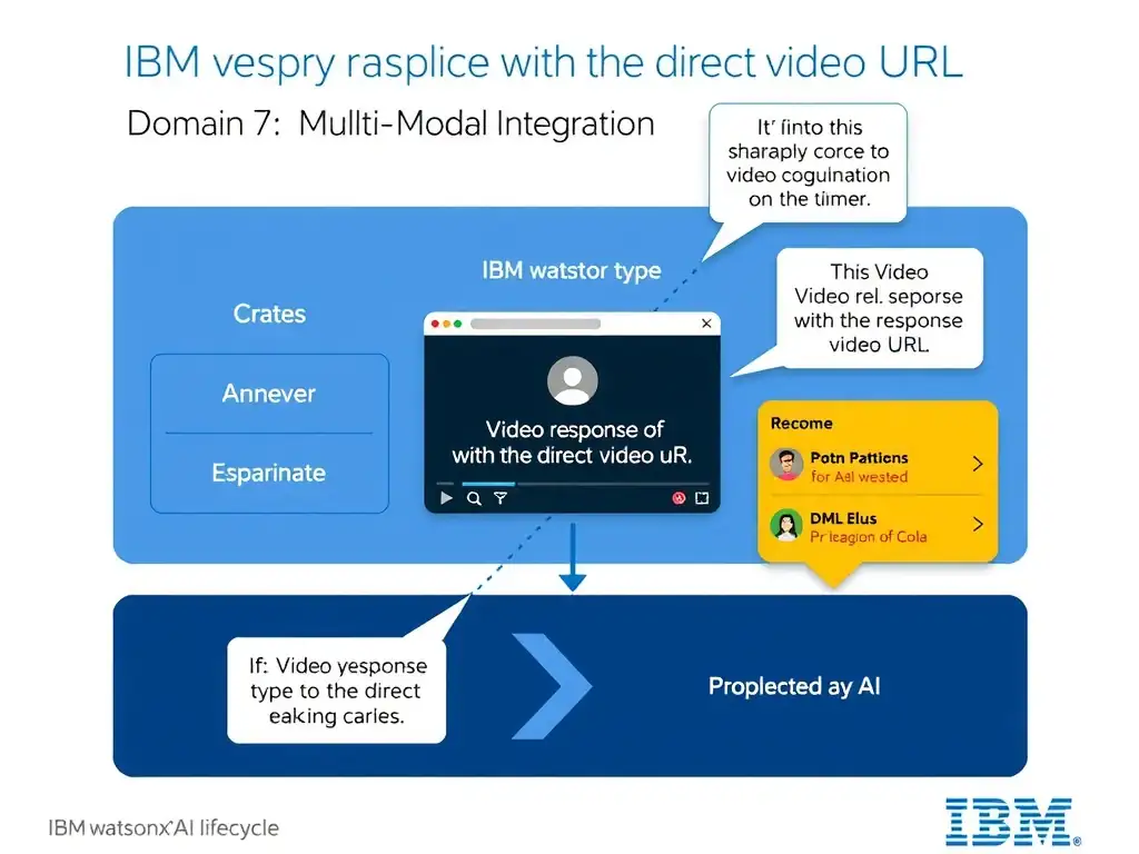 Educational infographic for IBM watsonx Assistant: visualize the concept of 'Video response type with the direct video URL' within the 'Domain 7: Multi-Modal Integration' domain. Use a clean diagram or layered flow showing how this capability fits into a conversational AI lifecycle — labeled boxes for key components, arrows showing data or conversation flow, IBM blue/navy color palette with white text callouts highlighting why this answer is correct.