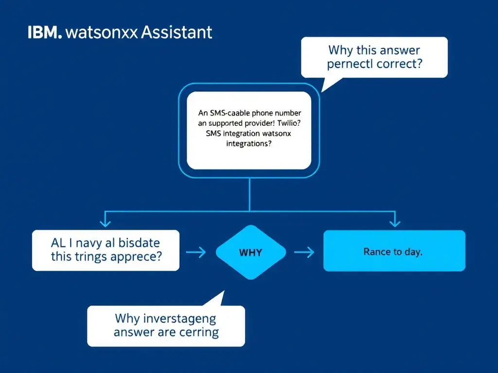 Educational infographic for IBM watsonx Assistant: visualize the concept of 'An SMS-capable phone number from a supported provider such as Twilio and an SMS integration configured in watsonx Assistant' within the 'Domain 7: Multi-Modal Integration' domain. Use a clean diagram or layered flow showing how this capability fits into a conversational AI lifecycle — labeled boxes for key components, arrows showing data or conversation flow, IBM blue/navy color palette with white text callouts highlighting why this answer is correct.