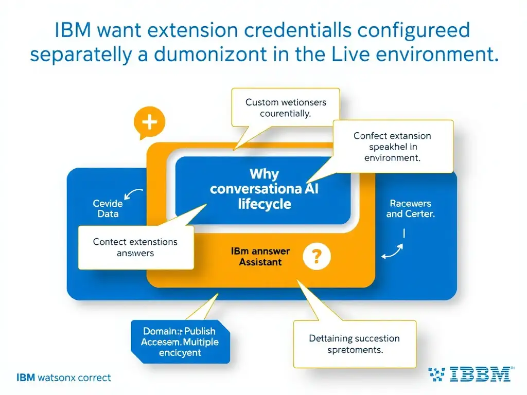 Educational infographic for IBM watsonx Assistant: visualize the concept of 'Custom extension credentials configured separately in the Live environment' within the 'Domain 8: Publish Across Multiple Environments' domain. Use a clean diagram or layered flow showing how this capability fits into a conversational AI lifecycle — labeled boxes for key components, arrows showing data or conversation flow, IBM blue/navy color palette with white text callouts highlighting why this answer is correct.