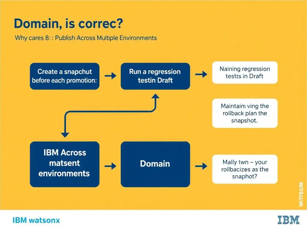 Educational infographic for IBM watsonx Assistant: visualize the concept of 'Creating a snapshot before each promotion; running regression tests in Draft; and maintaining a rollback plan using the snapshot' within the 'Domain 8: Publish Across Multiple Environments' domain. Use a clean diagram or layered flow showing how this capability fits into a conversational AI lifecycle — labeled boxes for key components, arrows showing data or conversation flow, IBM blue/navy color palette with white text callouts highlighting why this answer is correct.