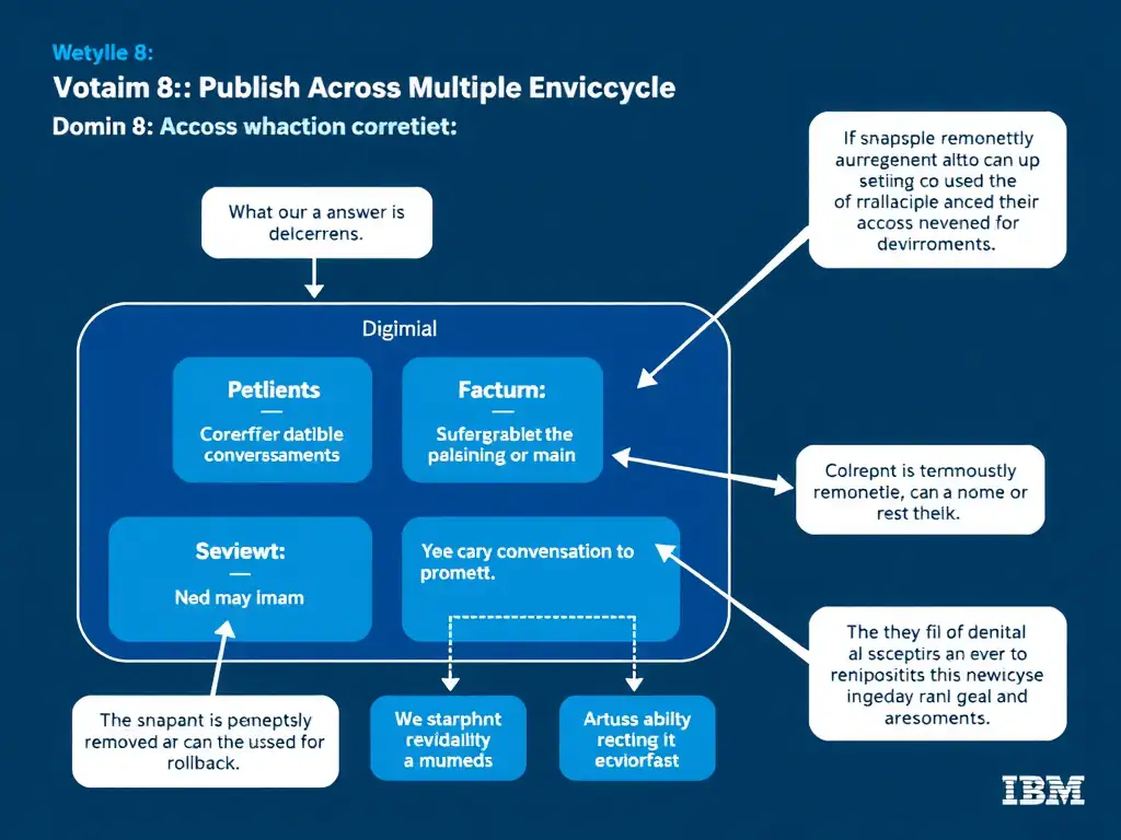 Educational infographic for IBM watsonx Assistant: visualize the concept of 'The snapshot is permanently removed and can no longer be used for rollback' within the 'Domain 8: Publish Across Multiple Environments' domain. Use a clean diagram or layered flow showing how this capability fits into a conversational AI lifecycle — labeled boxes for key components, arrows showing data or conversation flow, IBM blue/navy color palette with white text callouts highlighting why this answer is correct.