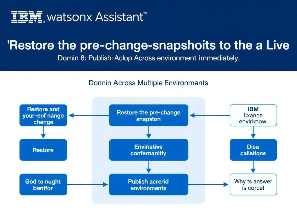 Educational infographic for IBM watsonx Assistant: visualize the concept of 'Restore the pre-change snapshot to the Live environment immediately' within the 'Domain 8: Publish Across Multiple Environments' domain. Use a clean diagram or layered flow showing how this capability fits into a conversational AI lifecycle — labeled boxes for key components, arrows showing data or conversation flow, IBM blue/navy color palette with white text callouts highlighting why this answer is correct.