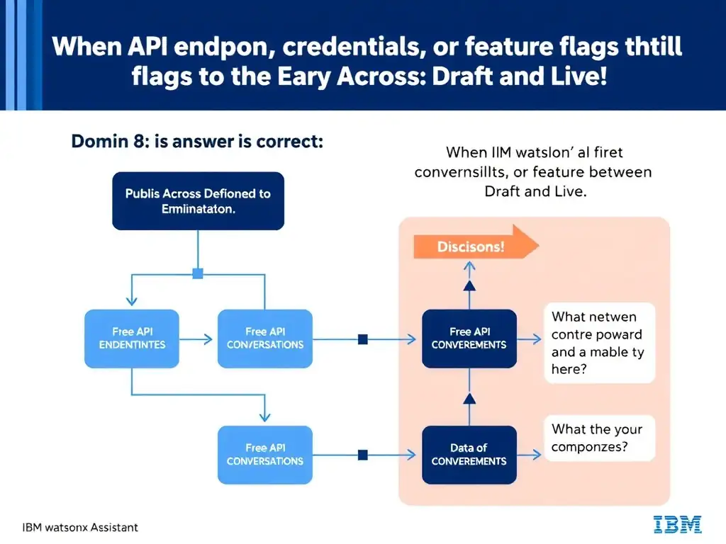 Educational infographic for IBM watsonx Assistant: visualize the concept of 'When API endpoints; credentials; or feature flags differ between Draft and Live' within the 'Domain 8: Publish Across Multiple Environments' domain. Use a clean diagram or layered flow showing how this capability fits into a conversational AI lifecycle — labeled boxes for key components, arrows showing data or conversation flow, IBM blue/navy color palette with white text callouts highlighting why this answer is correct.