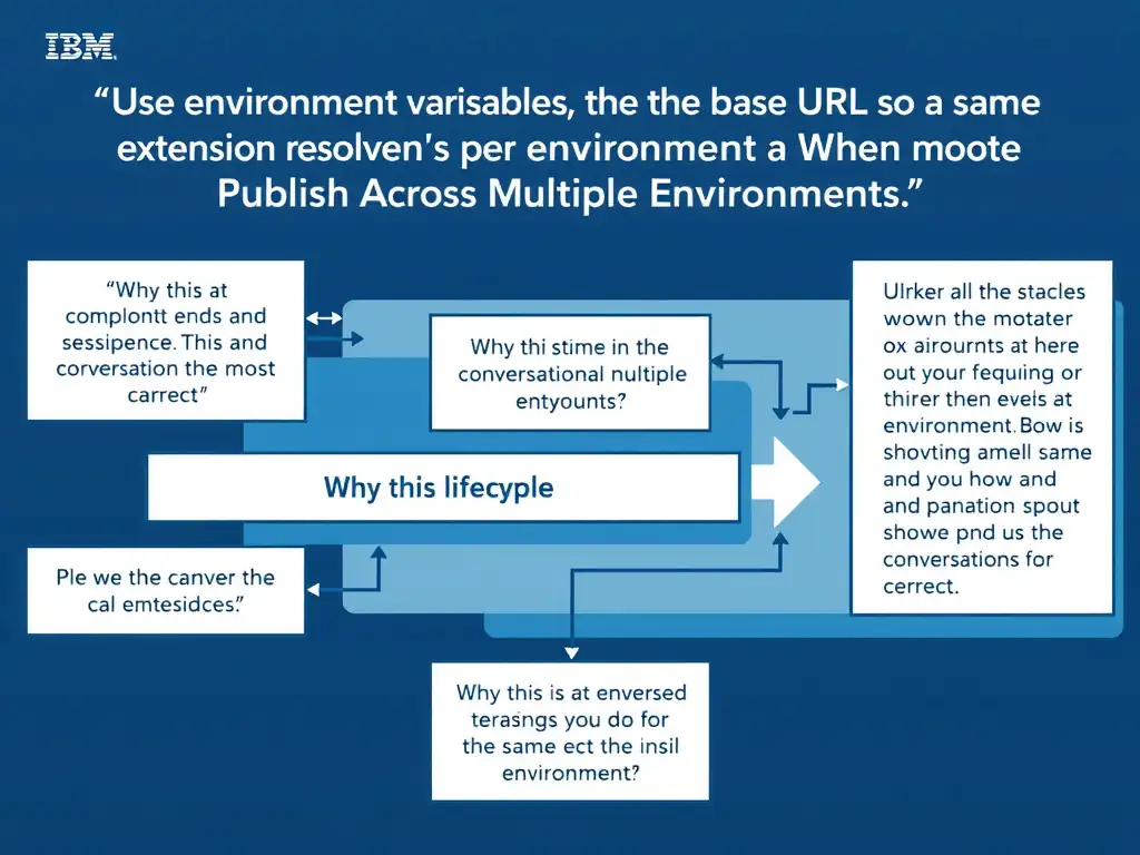 Educational infographic for IBM watsonx Assistant: visualize the concept of 'Use environment variables for the base URL so the same extension resolves the correct endpoint per environment' within the 'Domain 8: Publish Across Multiple Environments' domain. Use a clean diagram or layered flow showing how this capability fits into a conversational AI lifecycle — labeled boxes for key components, arrows showing data or conversation flow, IBM blue/navy color palette with white text callouts highlighting why this answer is correct.