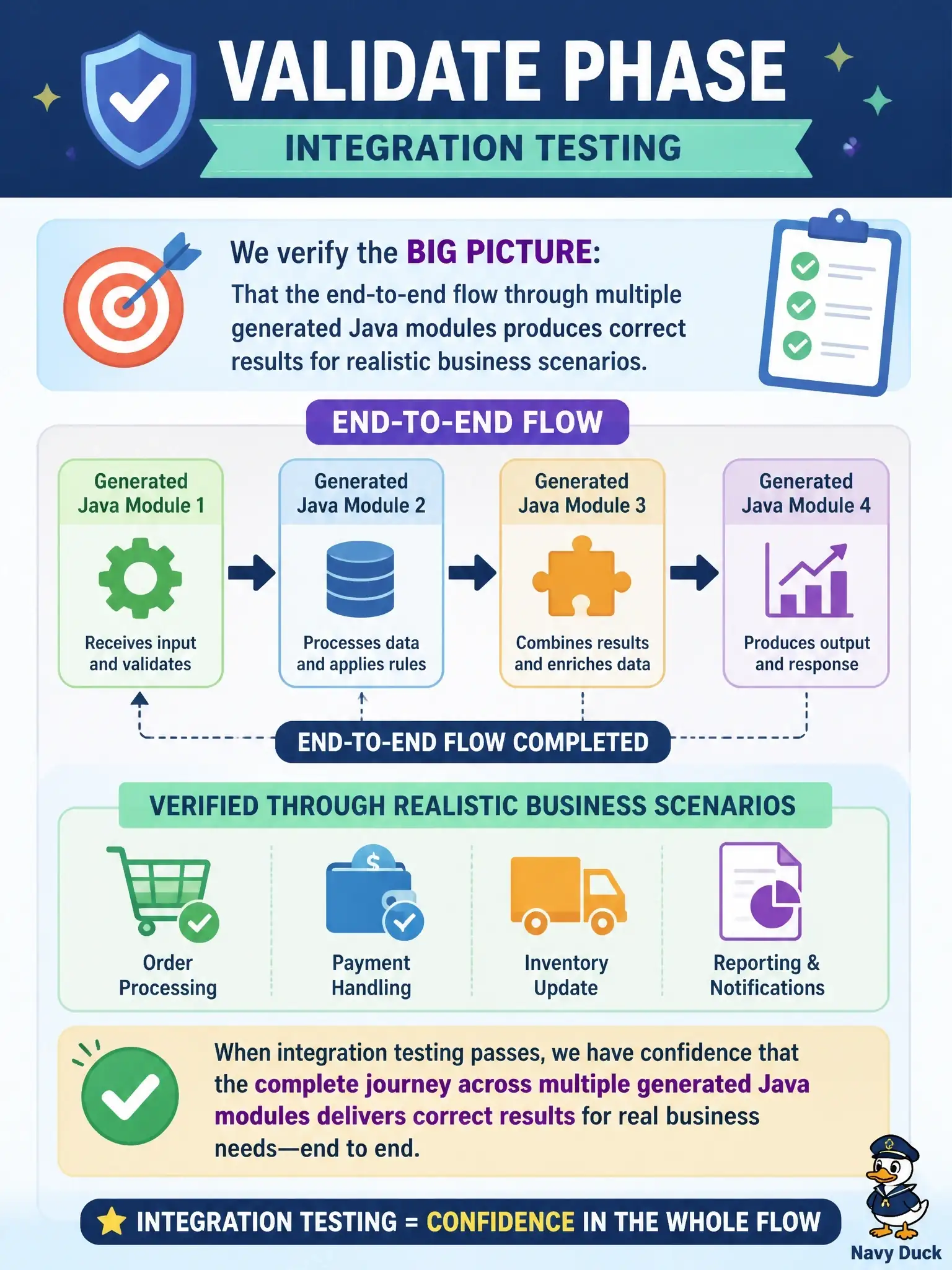 To Create an exciting colorful infographic that explains the concepts in the question: Question: In the Validate phase, integration testing of generated Java modules specifically verifies what? Correct Answer: That the end-to-end flow through multiple generated Java modules produces correct results for realistic business scenarios Put EVERY visible label in double quotes. No people. No A/B/C/D letters. In one of the four corners put a little "Navy Duck".