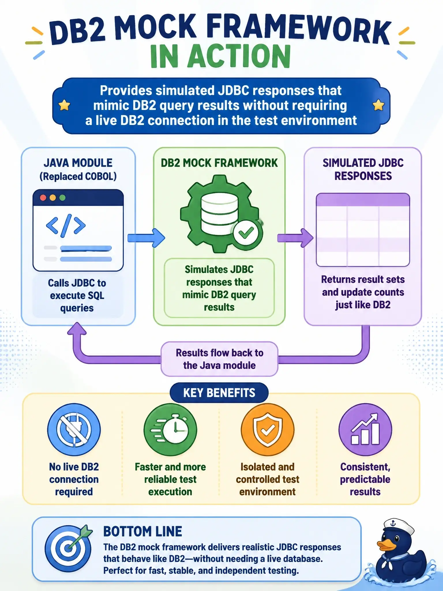 To Create an exciting colorful infographic that explains the concepts in the question: Question: When validating a Java module that replaced COBOL with embedded DB2 SQL, what does a DB2 mock framework provide? Correct Answer: Simulated JDBC responses that mimic DB2 query results without requiring a live DB2 connection in the test environment Put EVERY visible label in double quotes. No people. No A/B/C/D letters. In one of the four corners put a little "Navy Duck".