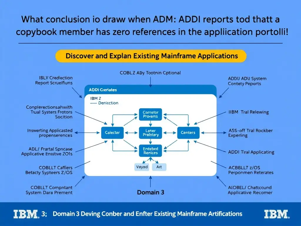 Educational infographic for IBM mainframe certification: What conclusion should be drawn when ADDI reports that a copybook member has zero references in the application portfoli. Domain: Domain 3: Discover and Explain Existing Mainframe Applications. Show a clean technical diagram with IBM Z system components, COBOL code snippets, z/OS architecture elements, and clear labels. Professional blue and white color scheme.