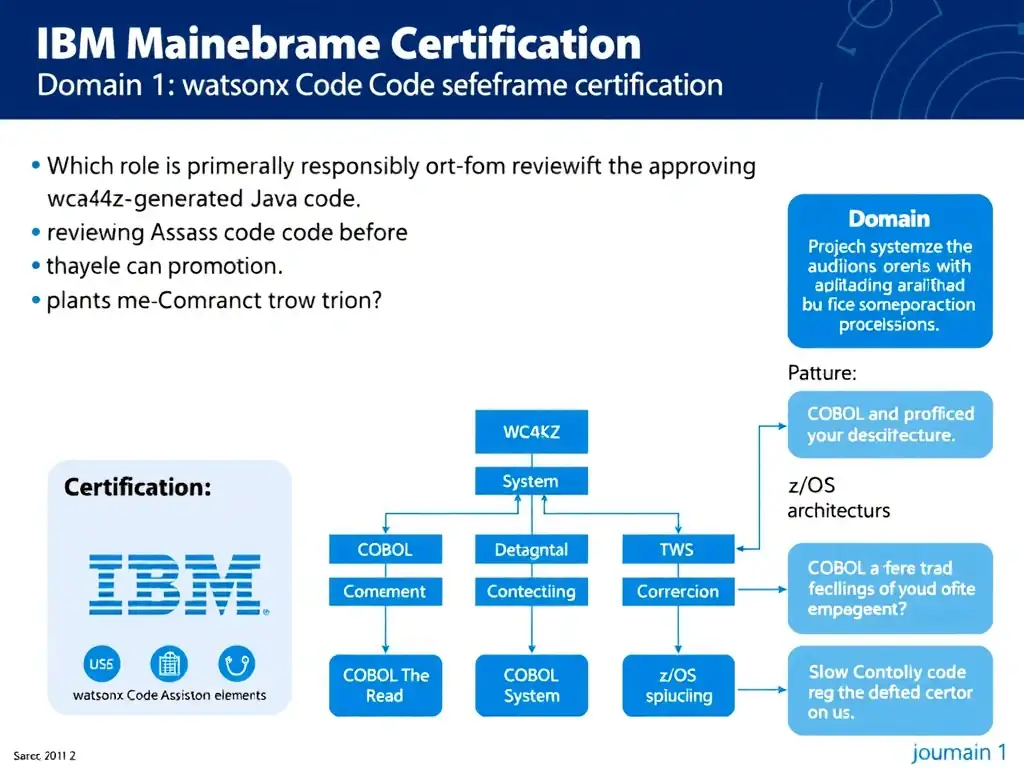 Educational infographic for IBM mainframe certification: Which role is primarily responsible for reviewing and approving wca4z-generated Java code before production promotion?. Domain: Domain 1: watsonx Code Assistant for Z Overview. Show a clean technical diagram with IBM Z system components, COBOL code snippets, z/OS architecture elements, and clear labels. Professional blue and white color scheme.