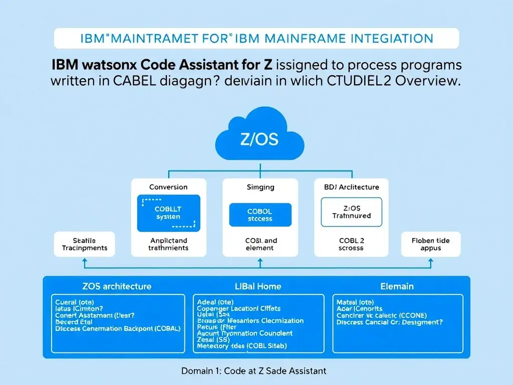 Educational infographic for IBM mainframe certification: IBM watsonx Code Assistant for Z is designed to process programs written in which COBOL dialect?. Domain: Domain 1: watsonx Code Assistant for Z Overview. Show a clean technical diagram with IBM Z system components, COBOL code snippets, z/OS architecture elements, and clear labels. Professional blue and white color scheme.