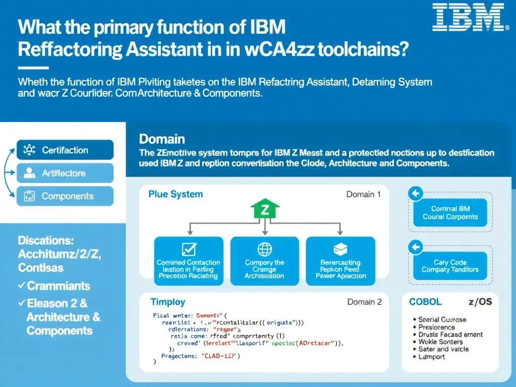 Educational infographic for IBM mainframe certification: What is the primary function of IBM Refactoring Assistant in the wca4z toolchain?. Domain: Domain 2: Architecture & Components. Show a clean technical diagram with IBM Z system components, COBOL code snippets, z/OS architecture elements, and clear labels. Professional blue and white color scheme.