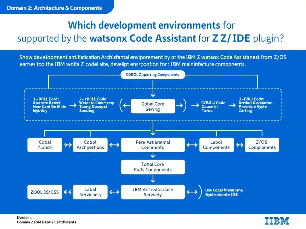 Educational infographic for IBM mainframe certification: Which development environments are supported by the IBM watsonx Code Assistant for Z IDE plugin?. Domain: Domain 2: Architecture & Components. Show a clean technical diagram with IBM Z system components, COBOL code snippets, z/OS architecture elements, and clear labels. Professional blue and white color scheme.