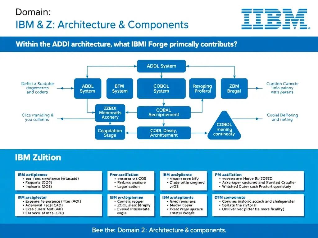 Educational infographic for IBM mainframe certification: Within the ADDI architecture, what does IBM Build Forge primarily contribute?. Domain: Domain 2: Architecture & Components. Show a clean technical diagram with IBM Z system components, COBOL code snippets, z/OS architecture elements, and clear labels. Professional blue and white color scheme.
