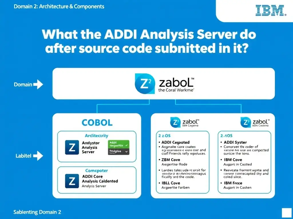 Educational infographic for IBM mainframe certification: What does the ADDI Analysis Server do after source code is submitted to it?. Domain: Domain 2: Architecture & Components. Show a clean technical diagram with IBM Z system components, COBOL code snippets, z/OS architecture elements, and clear labels. Professional blue and white color scheme.