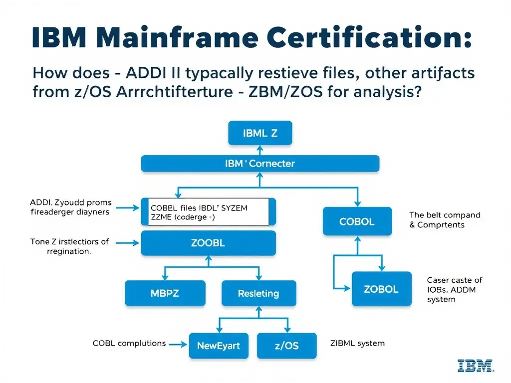 Educational infographic for IBM mainframe certification: How does ADDI typically retrieve source files and other artifacts from z/OS for analysis?. Domain: Domain 2: Architecture & Components. Show a clean technical diagram with IBM Z system components, COBOL code snippets, z/OS architecture elements, and clear labels. Professional blue and white color scheme.