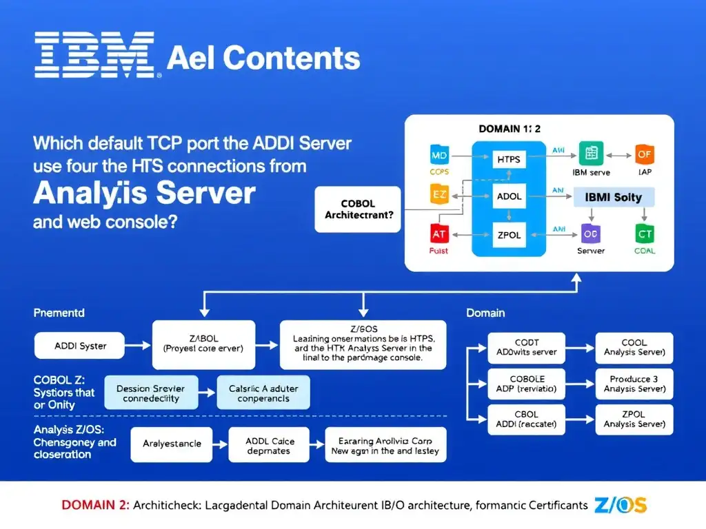 Educational infographic for IBM mainframe certification: Which default TCP port does the ADDI Server use for HTTPS connections from the Analysis Server and web console?. Domain: Domain 2: Architecture & Components. Show a clean technical diagram with IBM Z system components, COBOL code snippets, z/OS architecture elements, and clear labels. Professional blue and white color scheme.