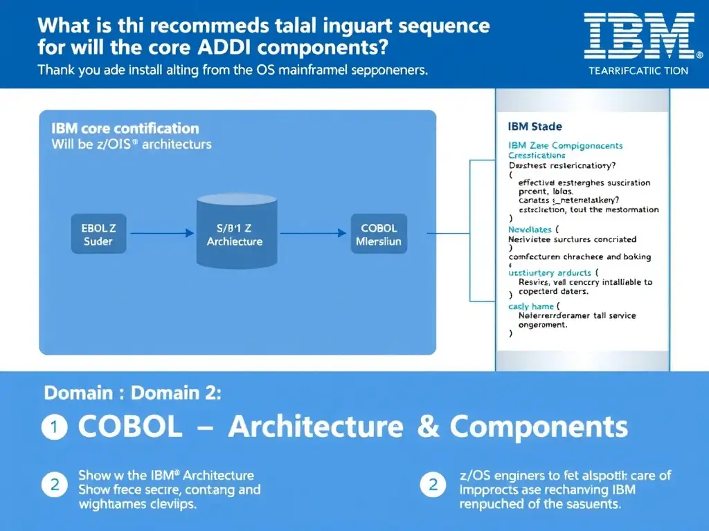 Educational infographic for IBM mainframe certification: What is the recommended installation sequence for the core ADDI components?. Domain: Domain 2: Architecture & Components. Show a clean technical diagram with IBM Z system components, COBOL code snippets, z/OS architecture elements, and clear labels. Professional blue and white color scheme.