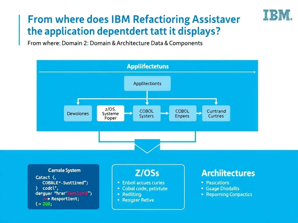 Educational infographic for IBM mainframe certification: From where does IBM Refactoring Assistant retrieve the application dependency data it displays?. Domain: Domain 2: Architecture & Components. Show a clean technical diagram with IBM Z system components, COBOL code snippets, z/OS architecture elements, and clear labels. Professional blue and white color scheme.