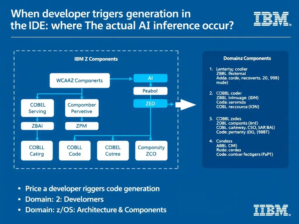 Educational infographic for IBM mainframe certification: When a developer triggers code generation in the wca4z IDE plugin, where does the actual AI inference occur?. Domain: Domain 2: Architecture & Components. Show a clean technical diagram with IBM Z system components, COBOL code snippets, z/OS architecture elements, and clear labels. Professional blue and white color scheme.