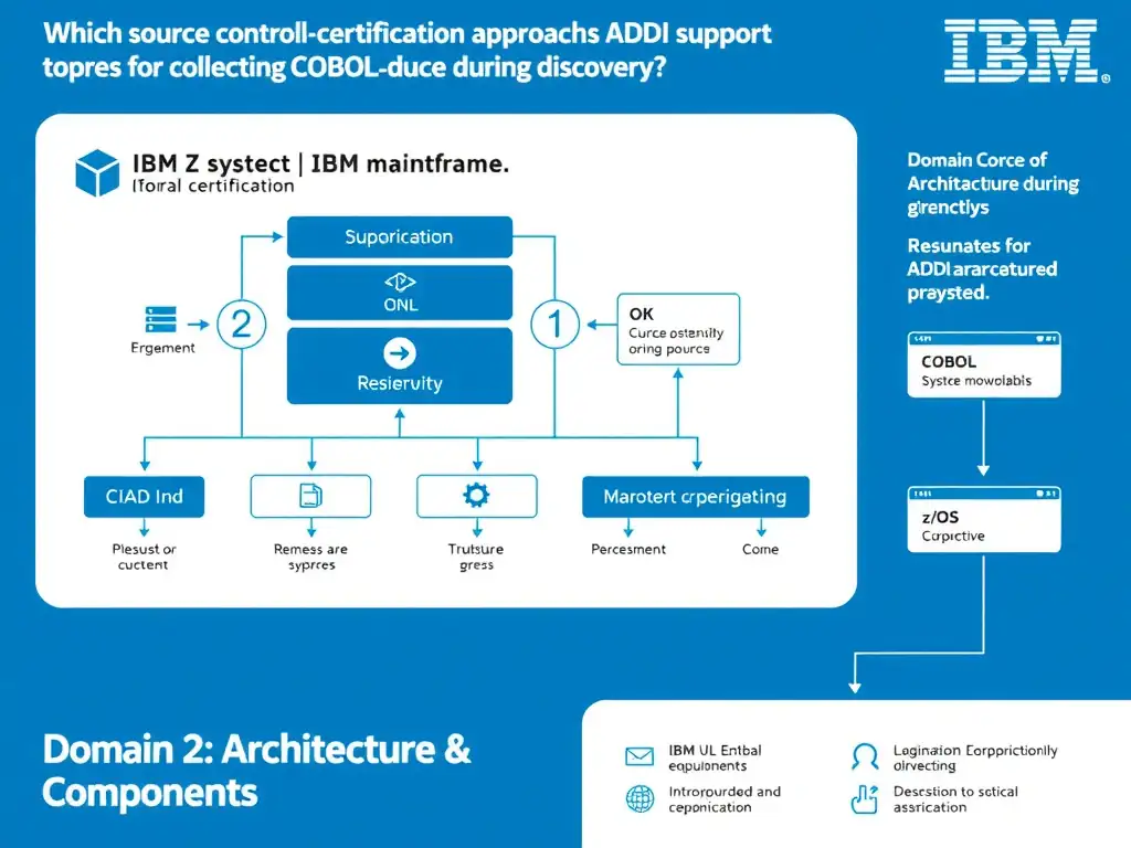 Educational infographic for IBM mainframe certification: Which source control integration approach does ADDI support for collecting COBOL source during discovery?. Domain: Domain 2: Architecture & Components. Show a clean technical diagram with IBM Z system components, COBOL code snippets, z/OS architecture elements, and clear labels. Professional blue and white color scheme.