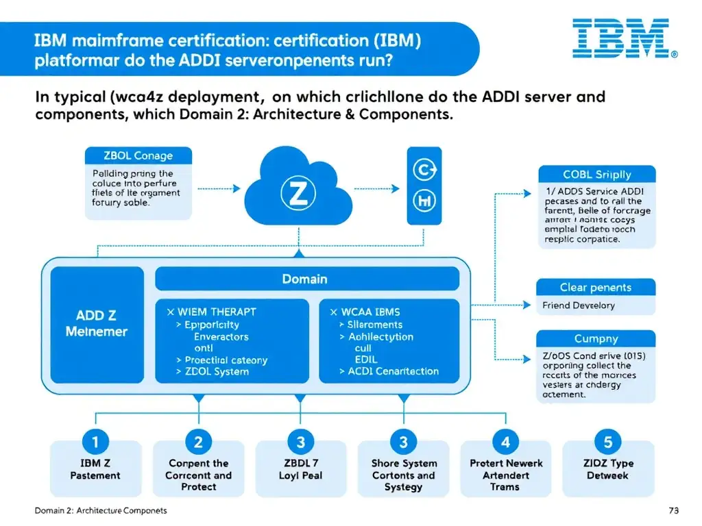 Educational infographic for IBM mainframe certification: In a typical wca4z deployment, on which platform do the ADDI server components run?. Domain: Domain 2: Architecture & Components. Show a clean technical diagram with IBM Z system components, COBOL code snippets, z/OS architecture elements, and clear labels. Professional blue and white color scheme.