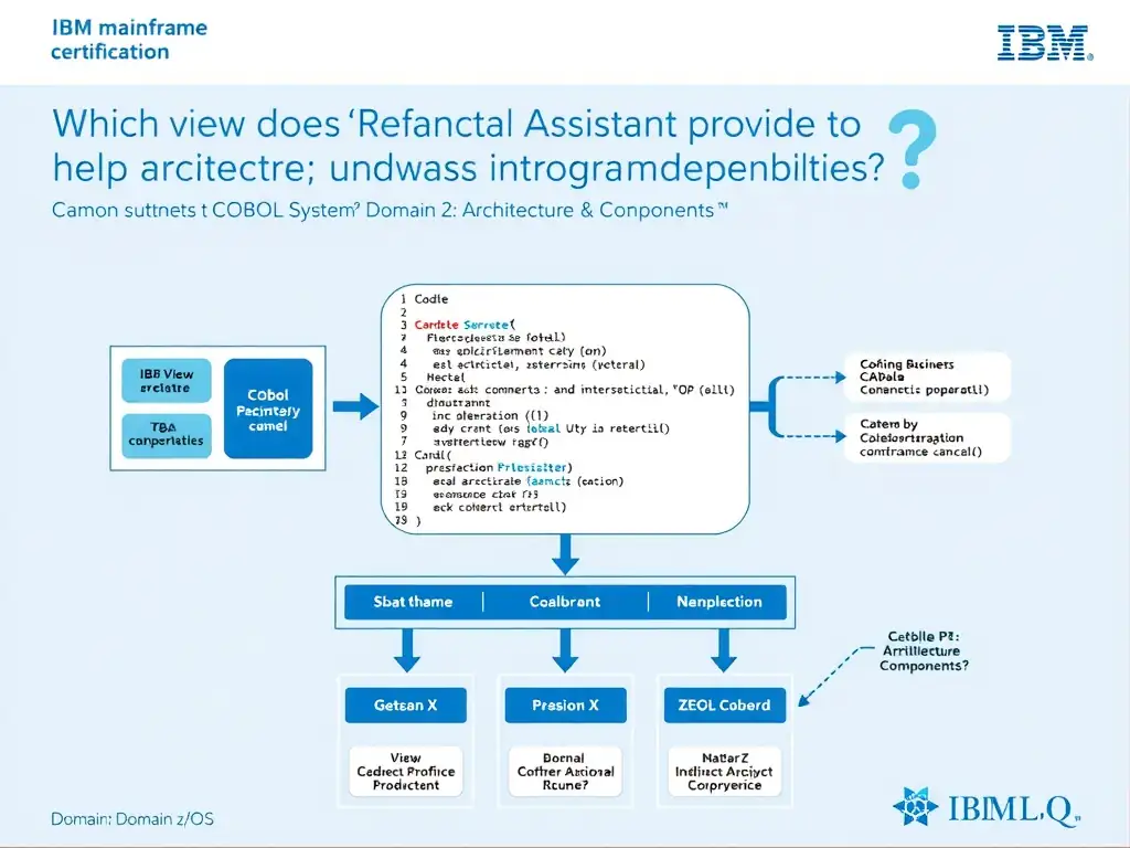 Educational infographic for IBM mainframe certification: Which view does IBM Refactoring Assistant provide to help architects understand program interdependencies?. Domain: Domain 2: Architecture & Components. Show a clean technical diagram with IBM Z system components, COBOL code snippets, z/OS architecture elements, and clear labels. Professional blue and white color scheme.