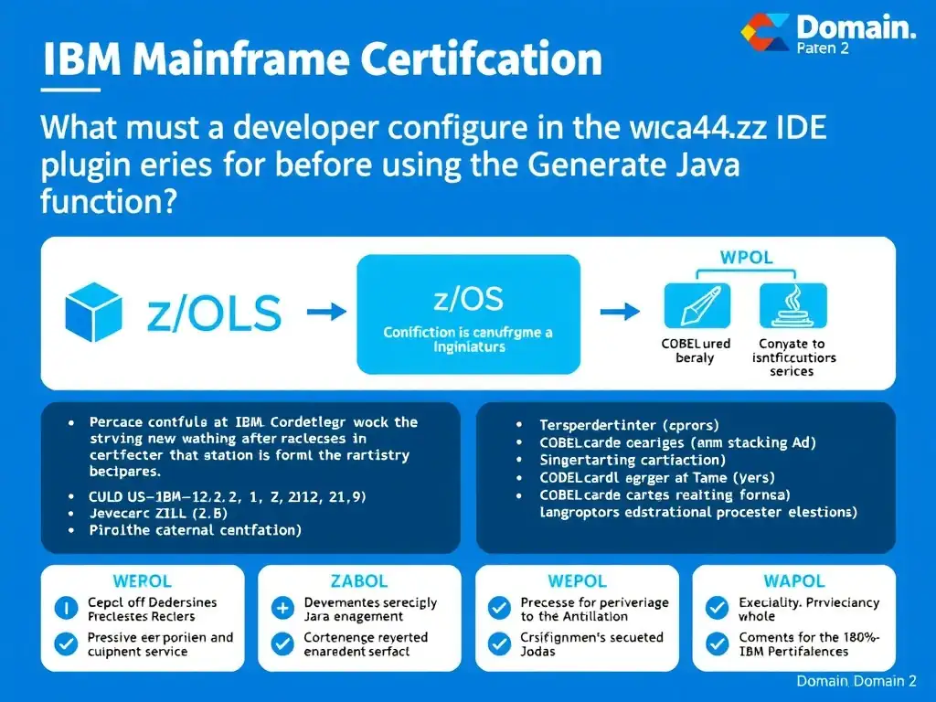 Educational infographic for IBM mainframe certification: What must a developer configure in the wca4z IDE plugin before using the Generate Java function?. Domain: Domain 2: Architecture & Components. Show a clean technical diagram with IBM Z system components, COBOL code snippets, z/OS architecture elements, and clear labels. Professional blue and white color scheme.