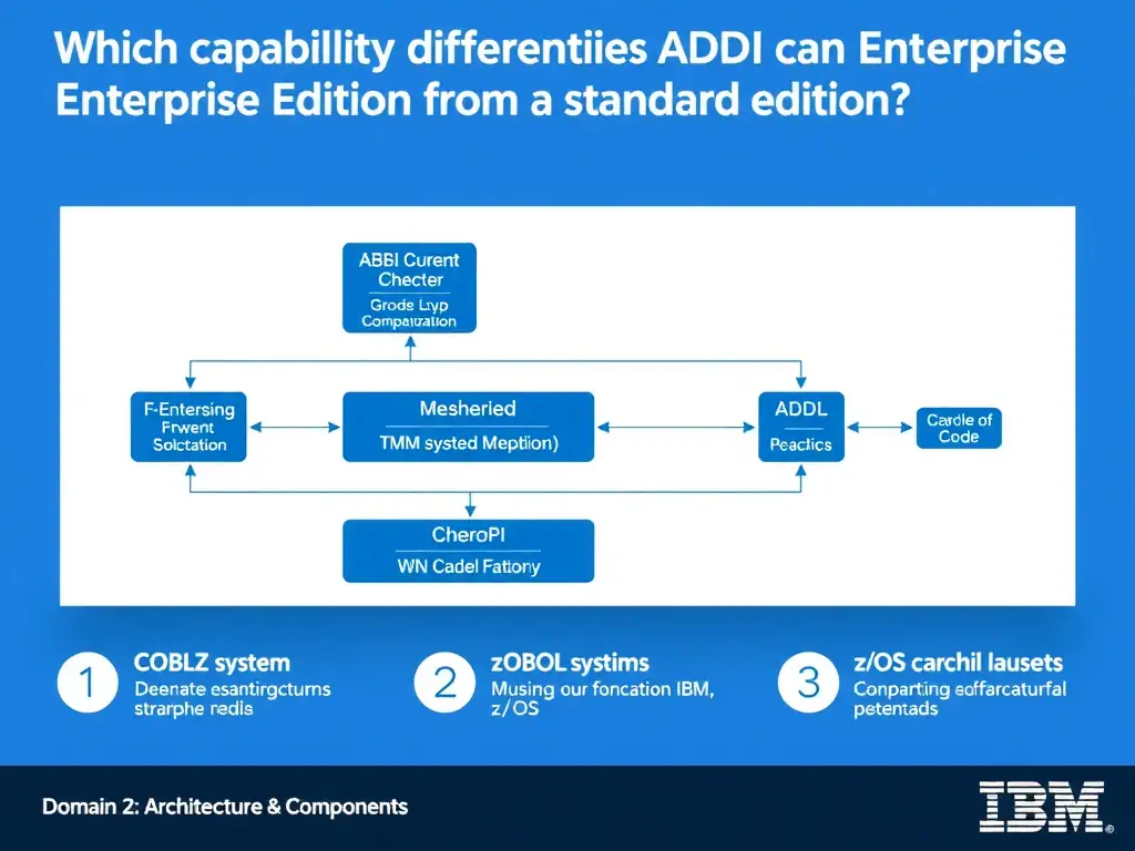 Educational infographic for IBM mainframe certification: Which capability differentiates ADDI Enterprise Edition from the standard edition?. Domain: Domain 2: Architecture & Components. Show a clean technical diagram with IBM Z system components, COBOL code snippets, z/OS architecture elements, and clear labels. Professional blue and white color scheme.