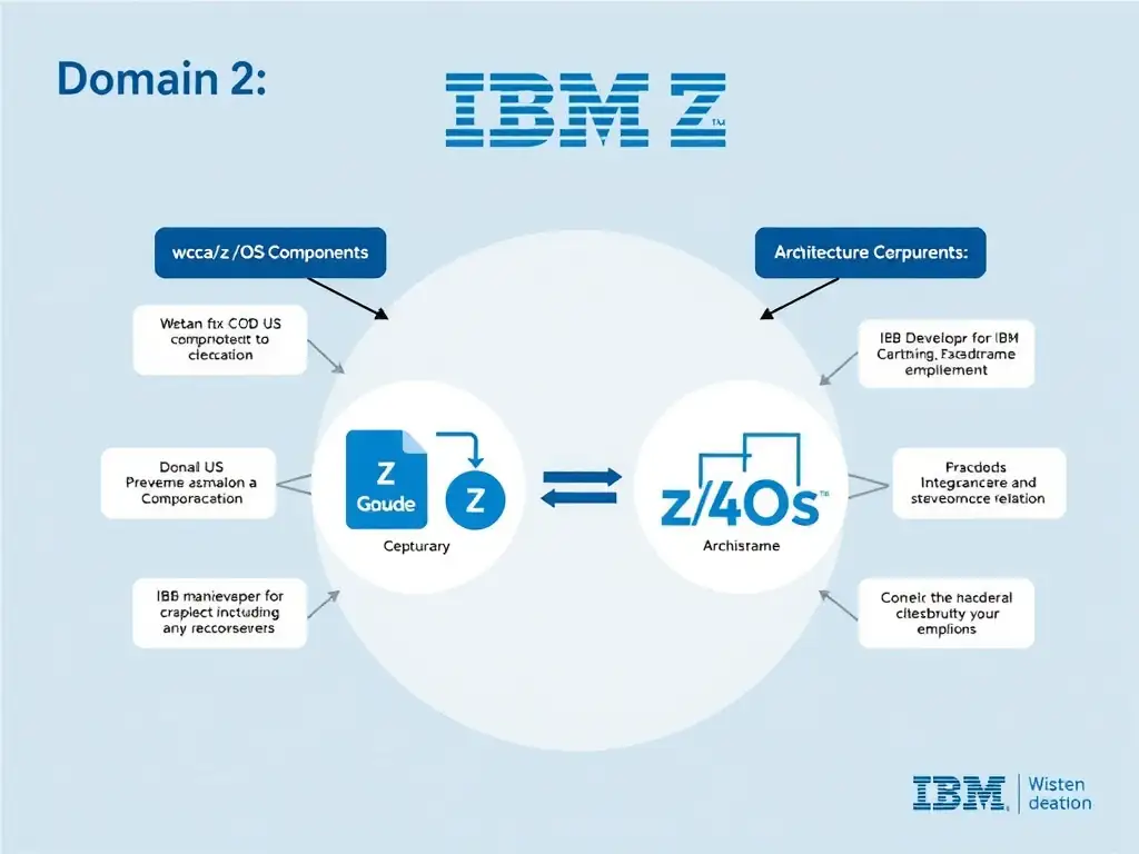 Educational infographic for IBM mainframe certification: What is the relationship between IBM Developer for z/OS (IDz) and the wca4z IDE plugin?. Domain: Domain 2: Architecture & Components. Show a clean technical diagram with IBM Z system components, COBOL code snippets, z/OS architecture elements, and clear labels. Professional blue and white color scheme.