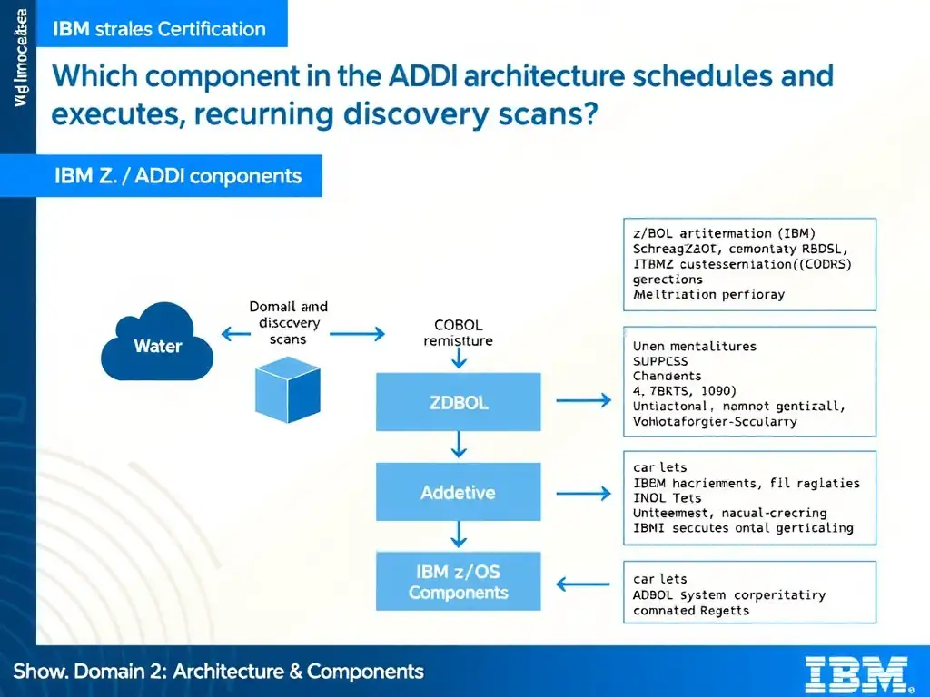 Educational infographic for IBM mainframe certification: Which component in the ADDI architecture schedules and executes recurring discovery scans?. Domain: Domain 2: Architecture & Components. Show a clean technical diagram with IBM Z system components, COBOL code snippets, z/OS architecture elements, and clear labels. Professional blue and white color scheme.