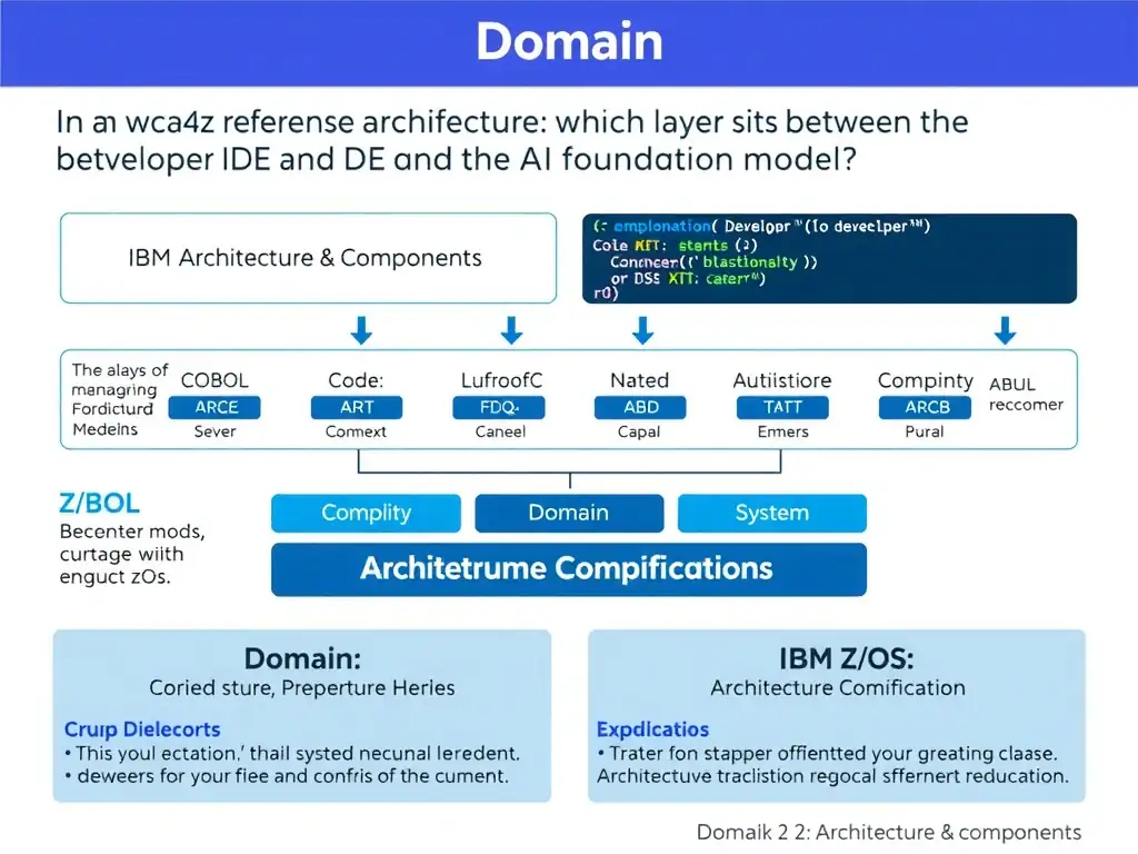 Educational infographic for IBM mainframe certification: In the wca4z reference architecture, which layer sits between the developer IDE and the AI foundation model?. Domain: Domain 2: Architecture & Components. Show a clean technical diagram with IBM Z system components, COBOL code snippets, z/OS architecture elements, and clear labels. Professional blue and white color scheme.