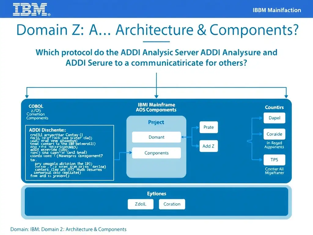 Educational infographic for IBM mainframe certification: Which protocol do the ADDI Analysis Server and ADDI Server use to communicate with each other?. Domain: Domain 2: Architecture & Components. Show a clean technical diagram with IBM Z system components, COBOL code snippets, z/OS architecture elements, and clear labels. Professional blue and white color scheme.