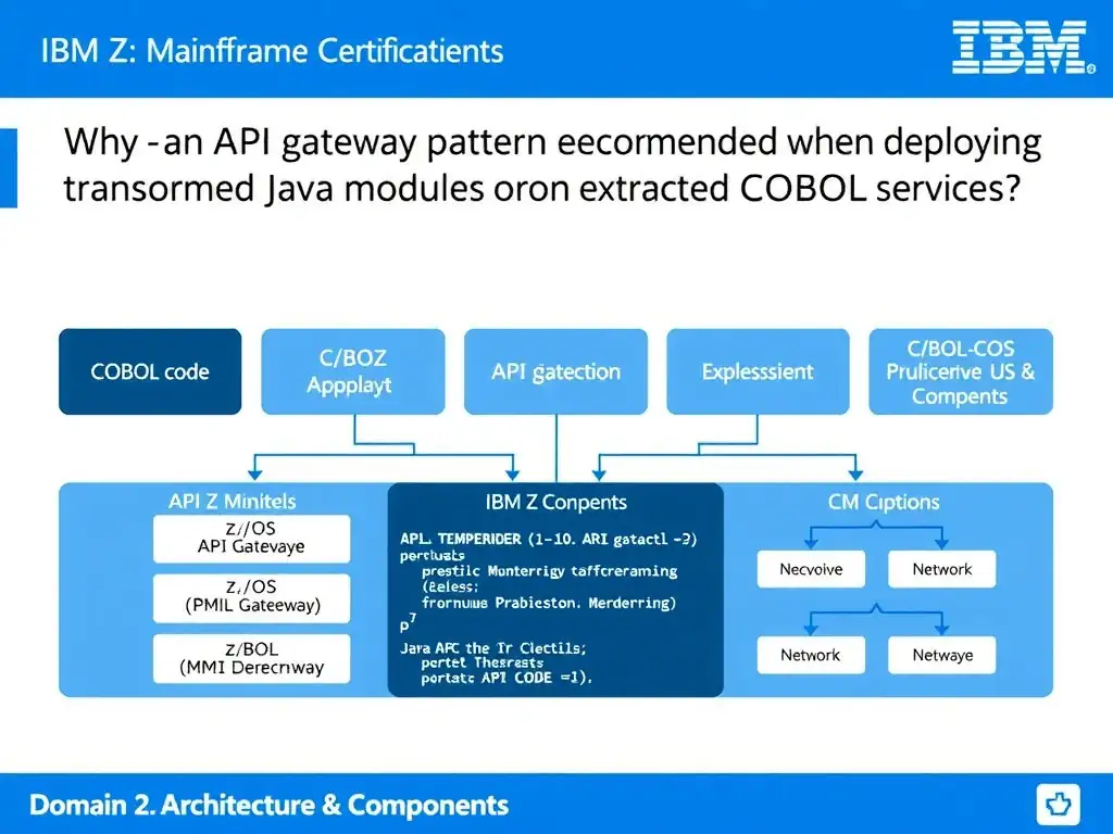 Educational infographic for IBM mainframe certification: Why is an API gateway pattern recommended when deploying transformed Java modules that replace extracted COBOL services?. Domain: Domain 2: Architecture & Components. Show a clean technical diagram with IBM Z system components, COBOL code snippets, z/OS architecture elements, and clear labels. Professional blue and white color scheme.