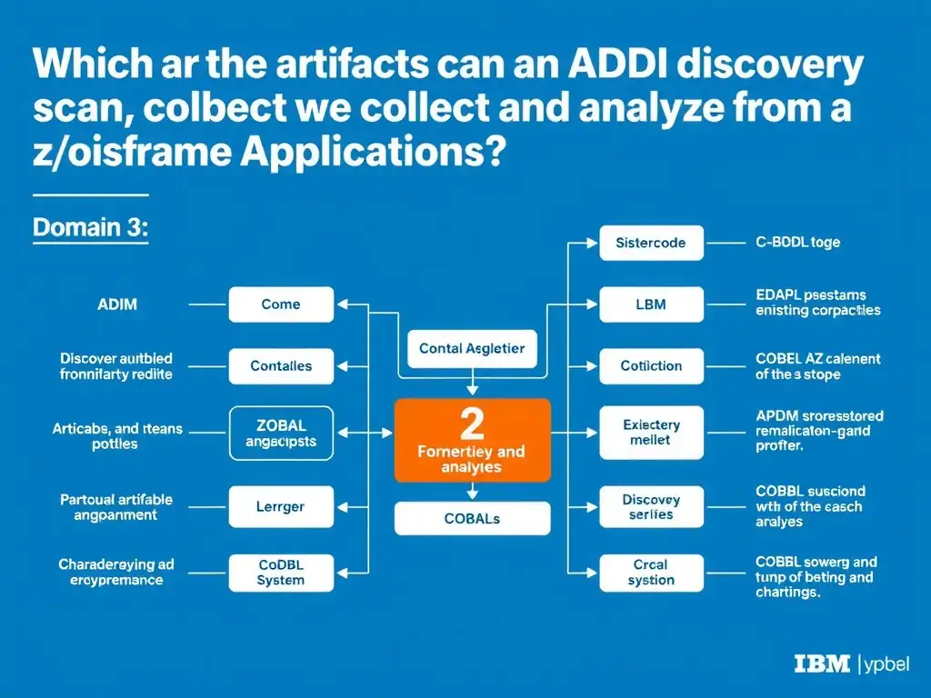 Educational infographic for IBM mainframe certification: Which types of artifacts can an ADDI discovery scan collect and analyze from a z/OS environment?. Domain: Domain 3: Discover and Explain Existing Mainframe Applications. Show a clean technical diagram with IBM Z system components, COBOL code snippets, z/OS architecture elements, and clear labels. Professional blue and white color scheme.